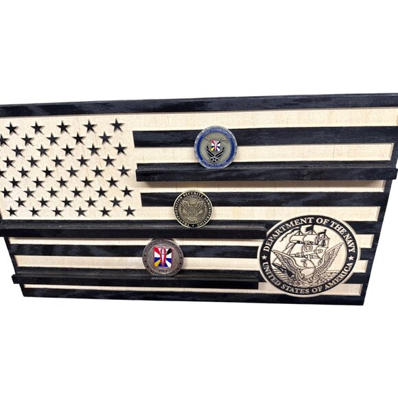 Handcrafted Wooden‎ American Flag Navy Challenge Coin Display - Picture 1 of 3